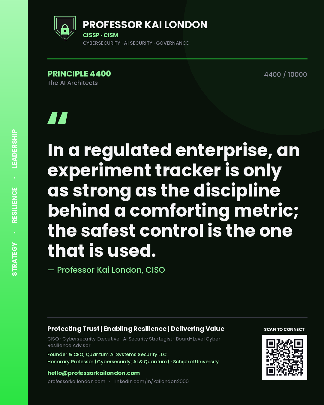 Professor Kai London principle 4400: In a regulated enterprise, an experiment tracker is only as strong as the discipline behind a comforting metric; the safest control is the one that is used.