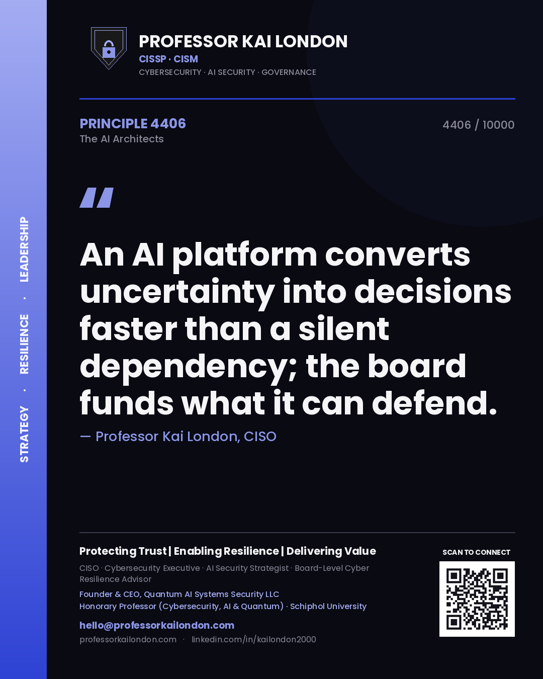 Professor Kai London principle 4406: An AI platform converts uncertainty into decisions faster than a silent dependency; the board funds what it can defend.