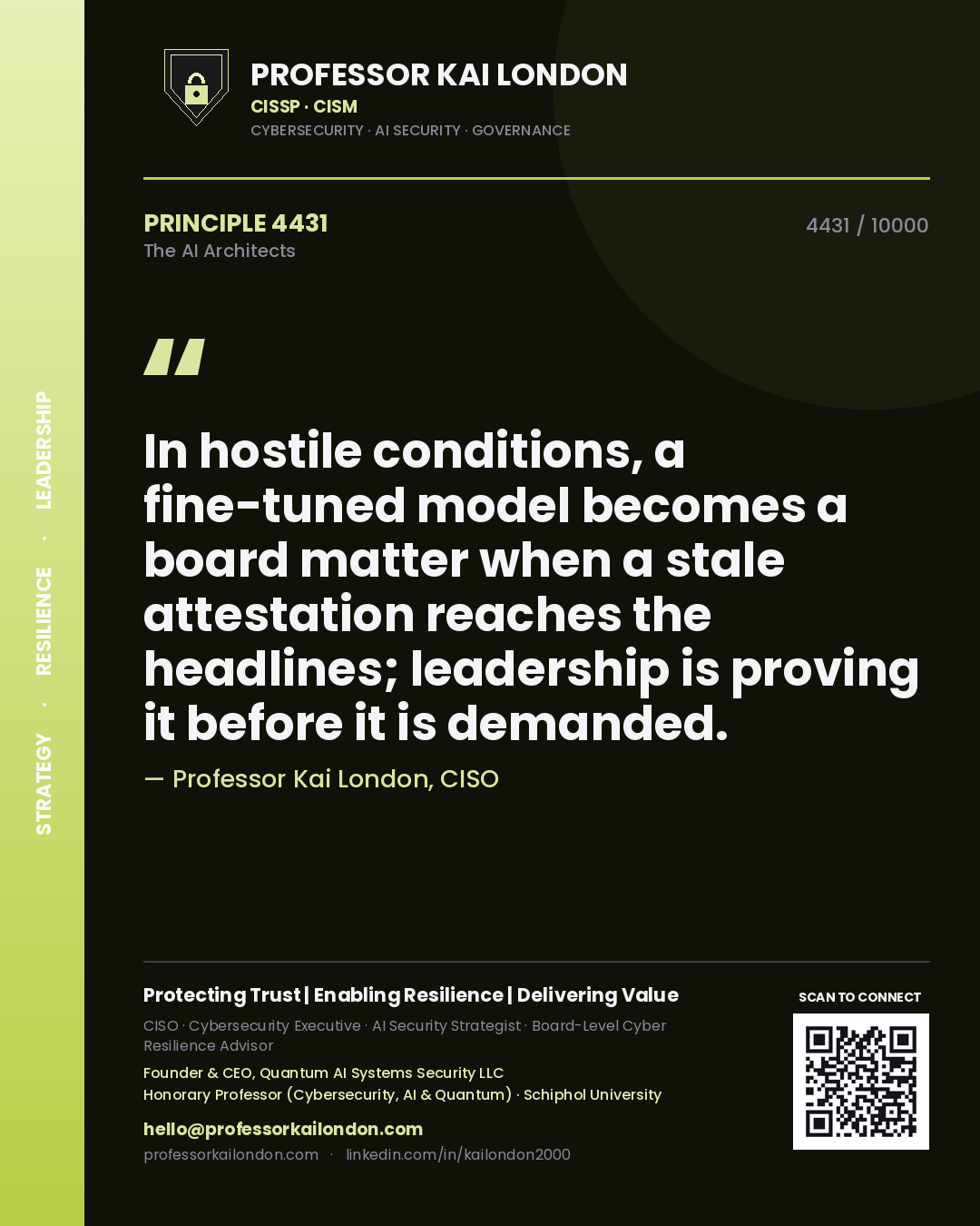 Professor Kai London principle 4431: In hostile conditions, a fine-tuned model becomes a board matter when a stale attestation reaches the headlines; leadership is proving it before it is demanded.