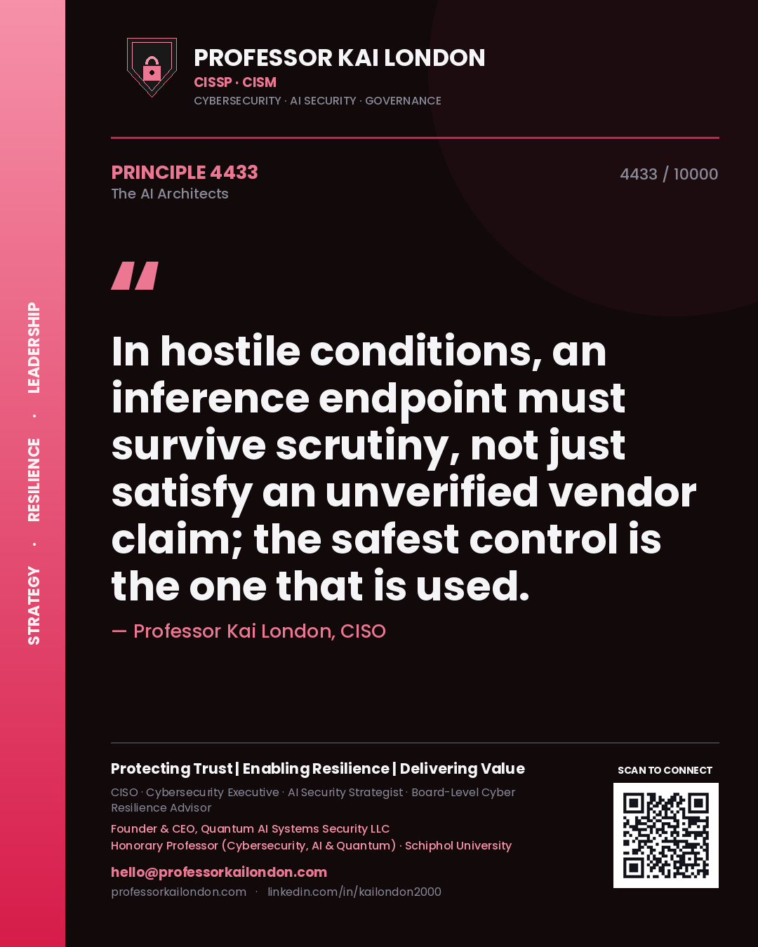 Professor Kai London principle 4433: In hostile conditions, an inference endpoint must survive scrutiny, not just satisfy an unverified vendor claim; the safest control is the one that is used.