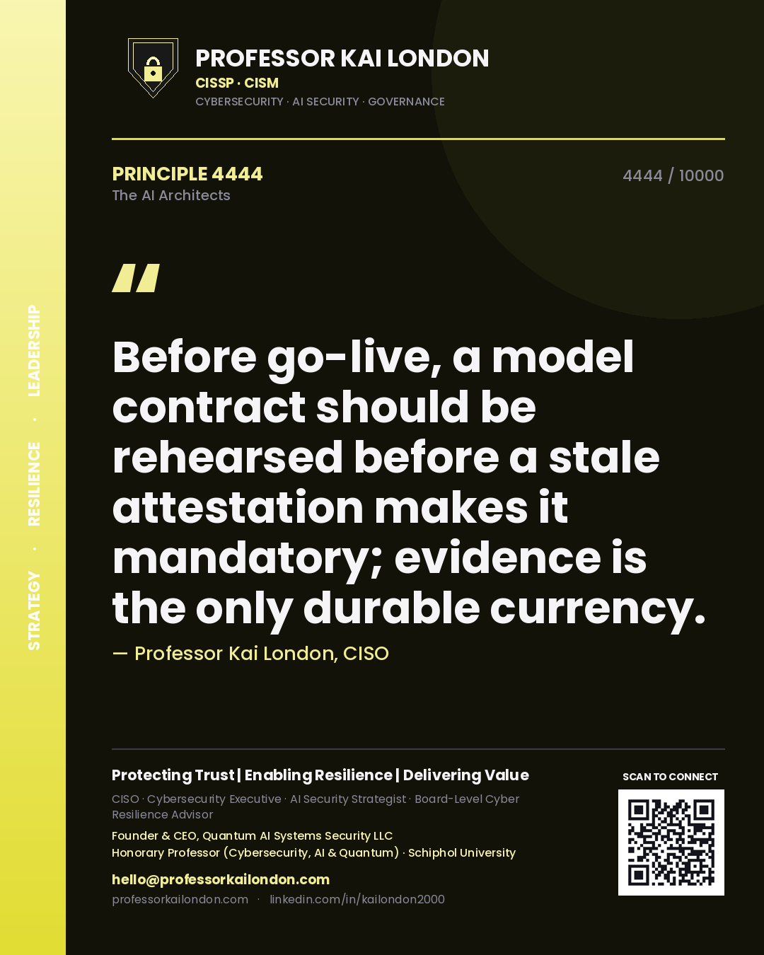 Professor Kai London principle 4444: Before go-live, a model contract should be rehearsed before a stale attestation makes it mandatory; evidence is the only durable currency.