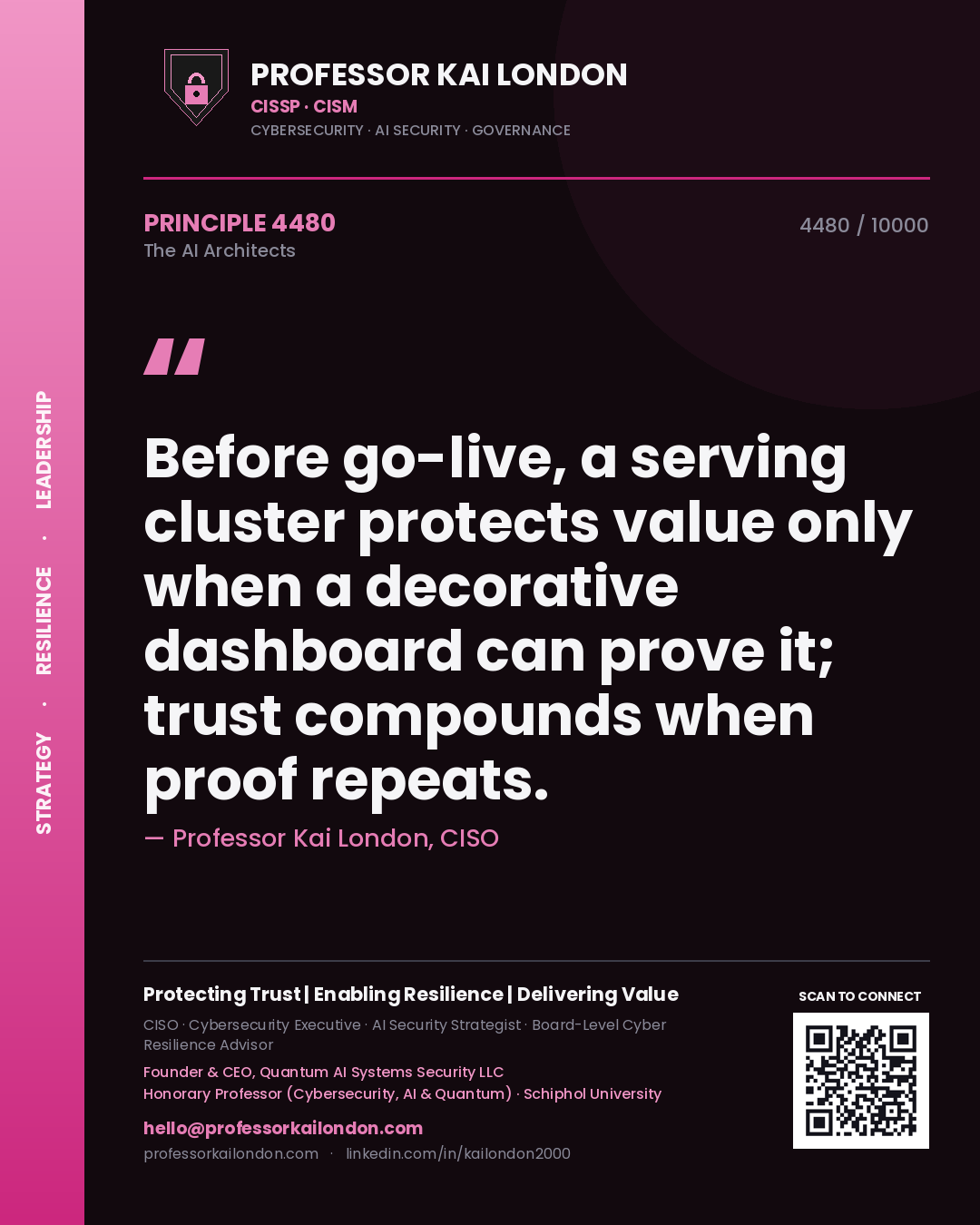 Professor Kai London principle 4480: Before go-live, a serving cluster protects value only when a decorative dashboard can prove it; trust compounds when proof repeats.
