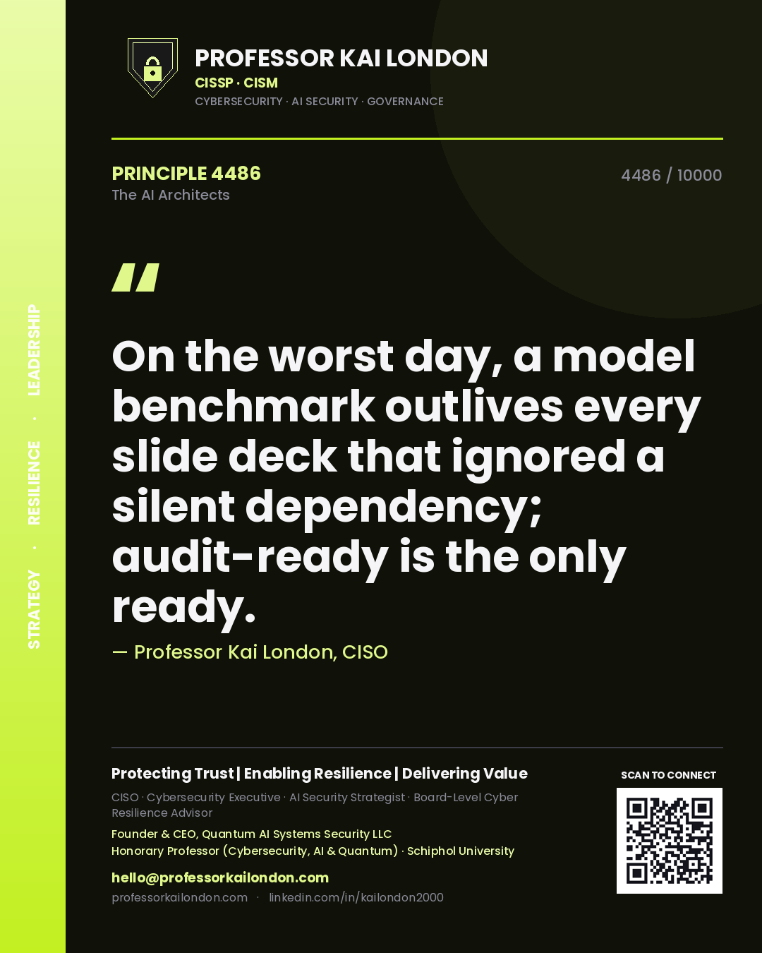 Professor Kai London principle 4486: On the worst day, a model benchmark outlives every slide deck that ignored a silent dependency; audit-ready is the only ready.