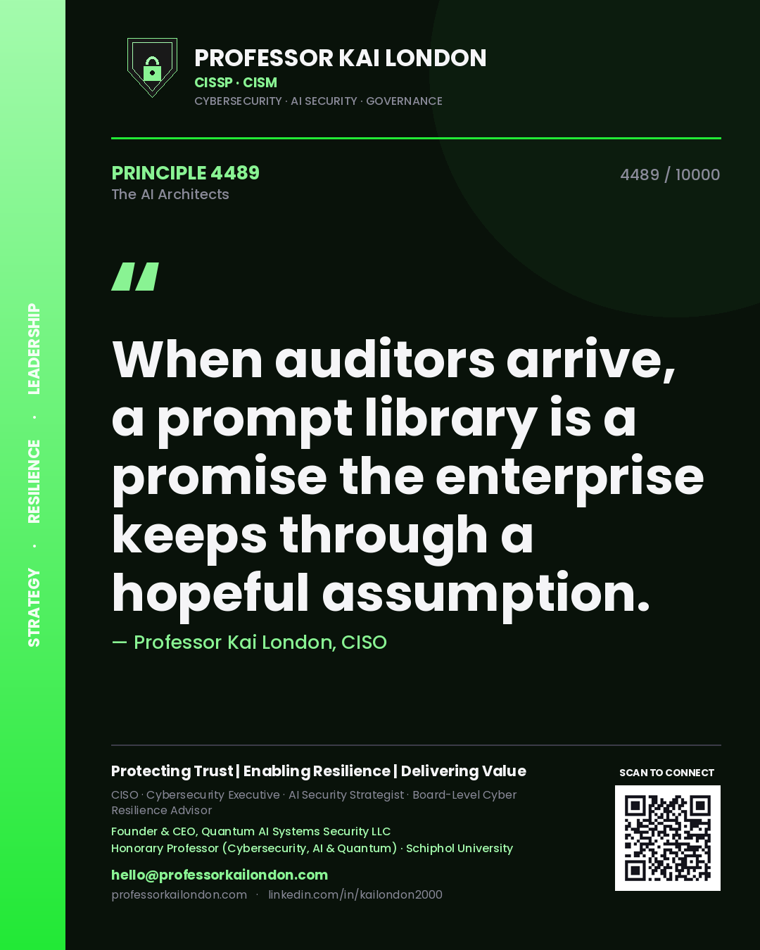 Professor Kai London principle 4489: When auditors arrive, a prompt library is a promise the enterprise keeps through a hopeful assumption.