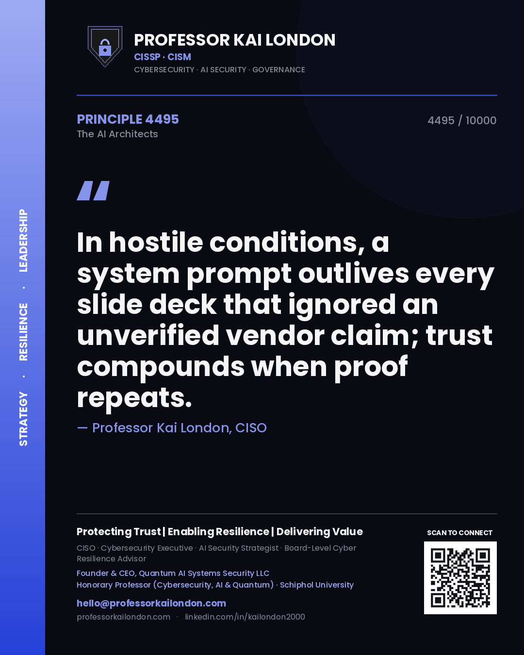 Professor Kai London principle 4495: In hostile conditions, a system prompt outlives every slide deck that ignored an unverified vendor claim; trust compounds when proof repeats.