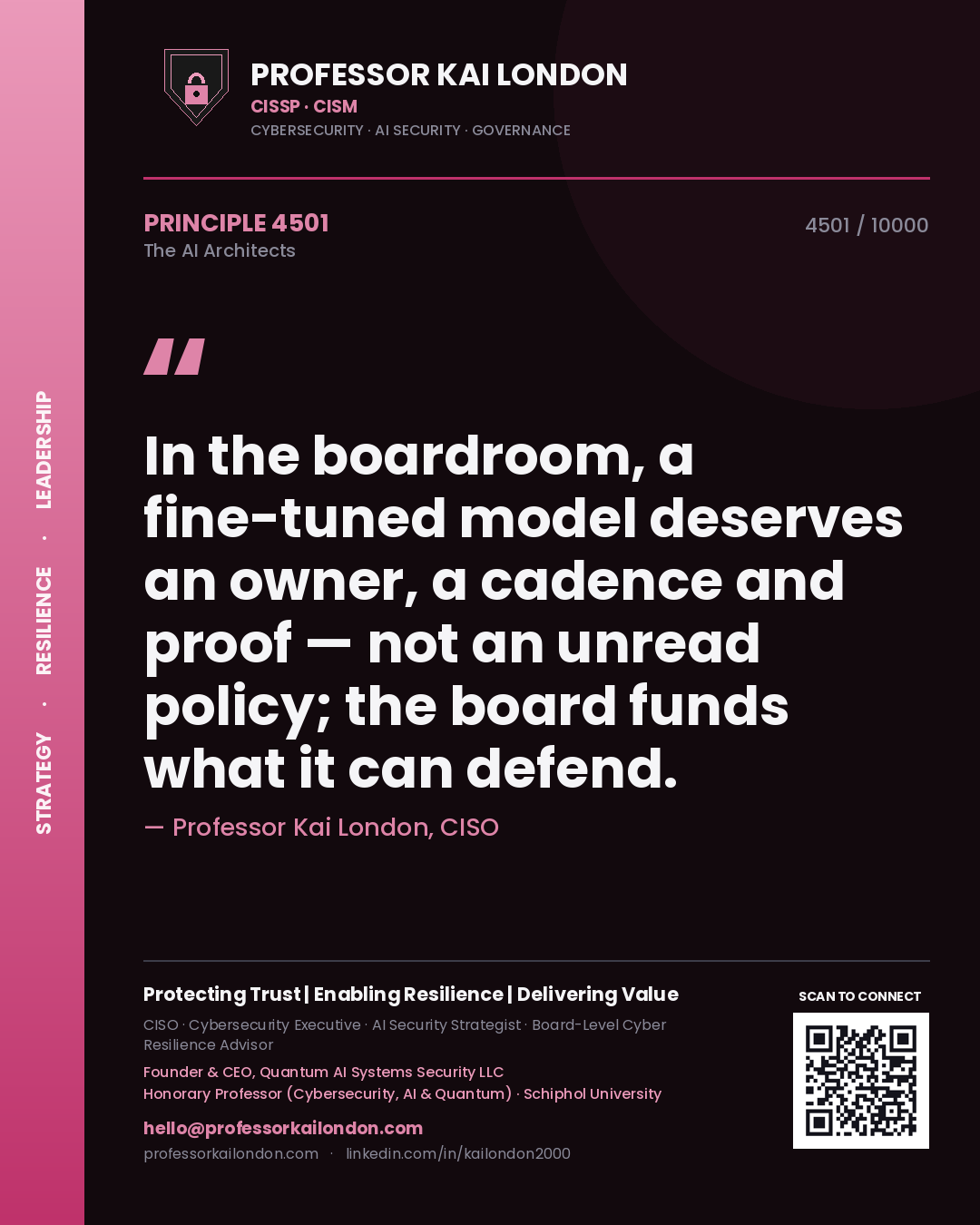 Professor Kai London principle 4501: In the boardroom, a fine-tuned model deserves an owner, a cadence and proof — not an unread policy; the board funds what it can defend.