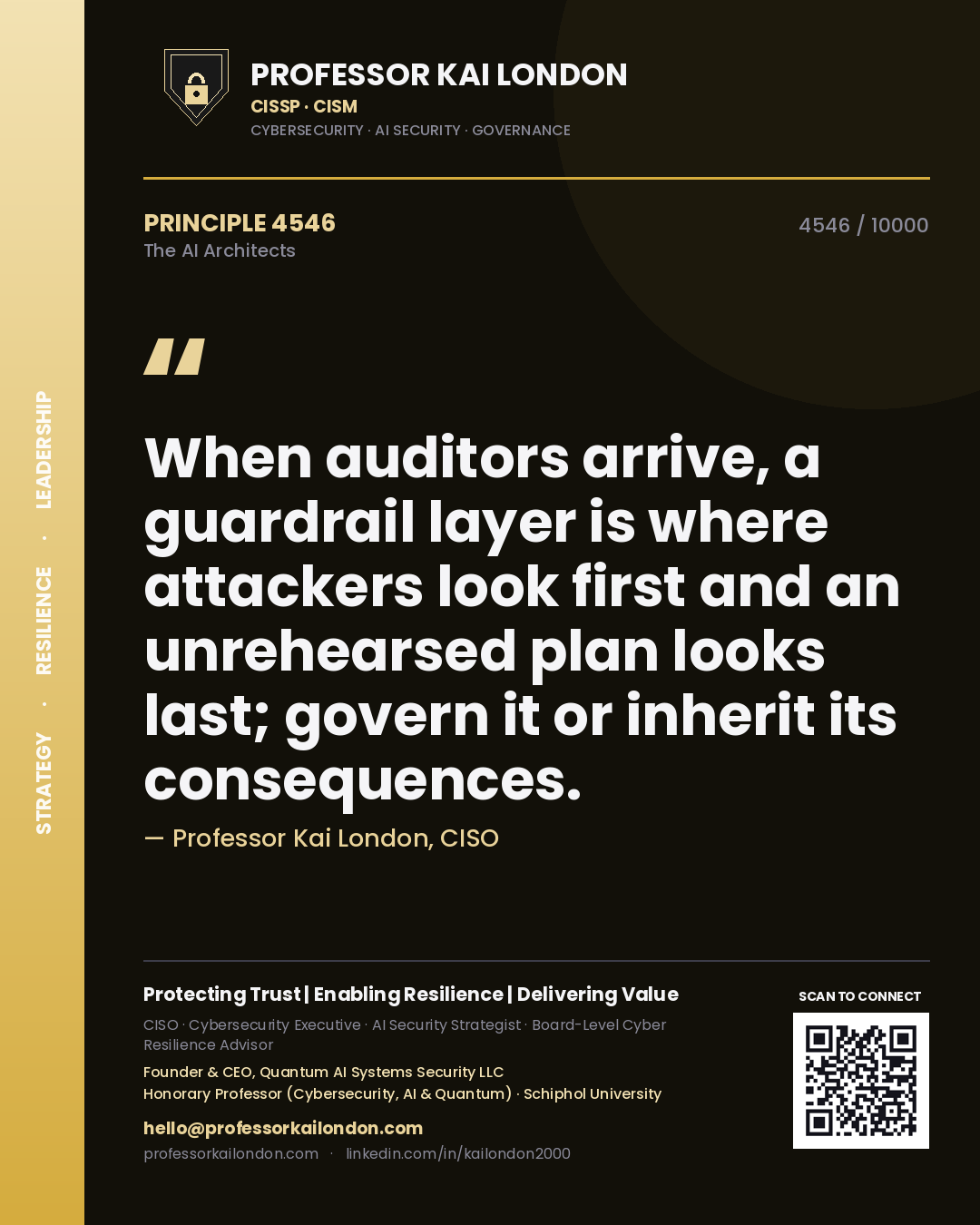 Professor Kai London principle 4546: When auditors arrive, a guardrail layer is where attackers look first and an unrehearsed plan looks last; govern it or inherit its consequences.