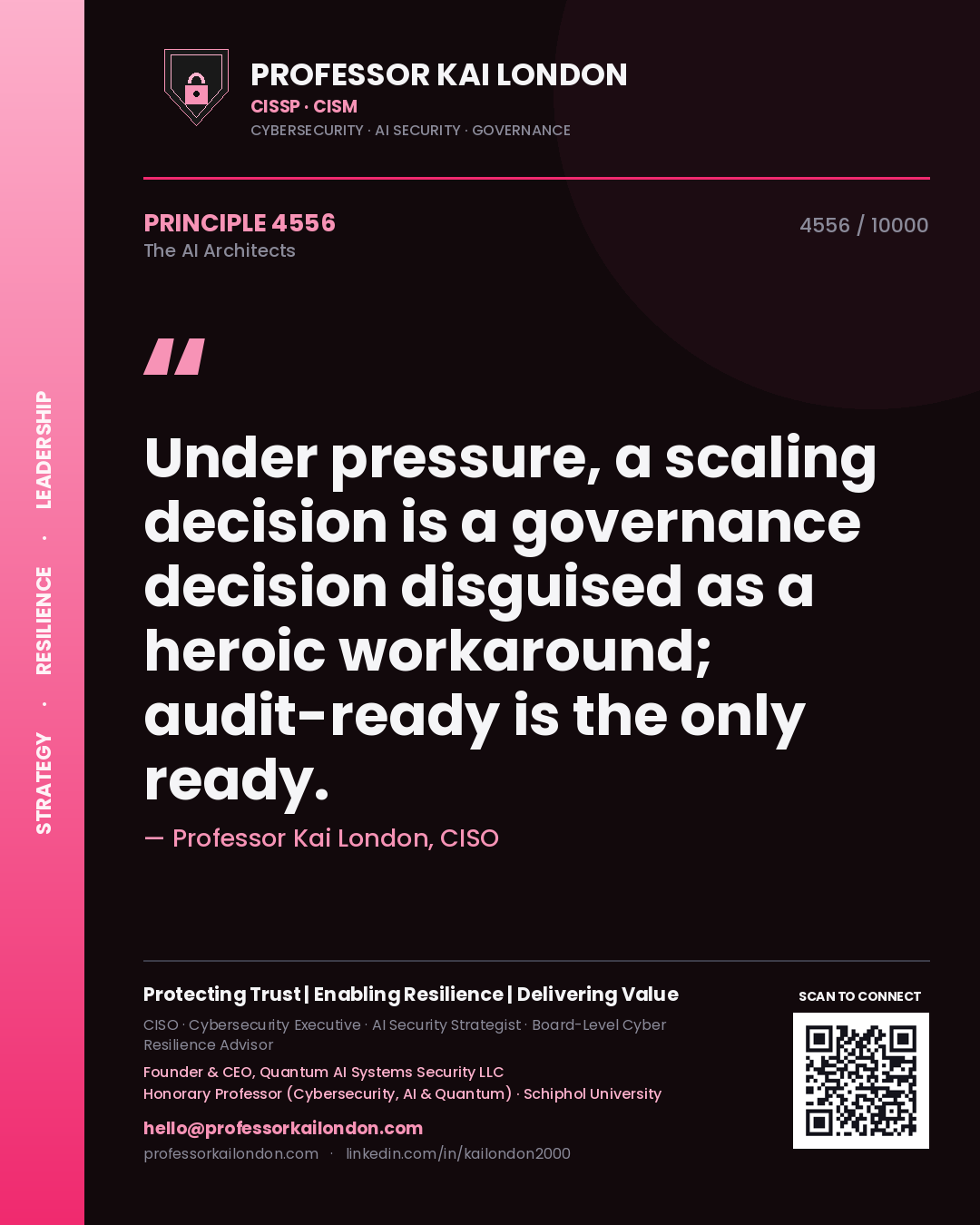 Professor Kai London principle 4556: Under pressure, a scaling decision is a governance decision disguised as a heroic workaround; audit-ready is the only ready.