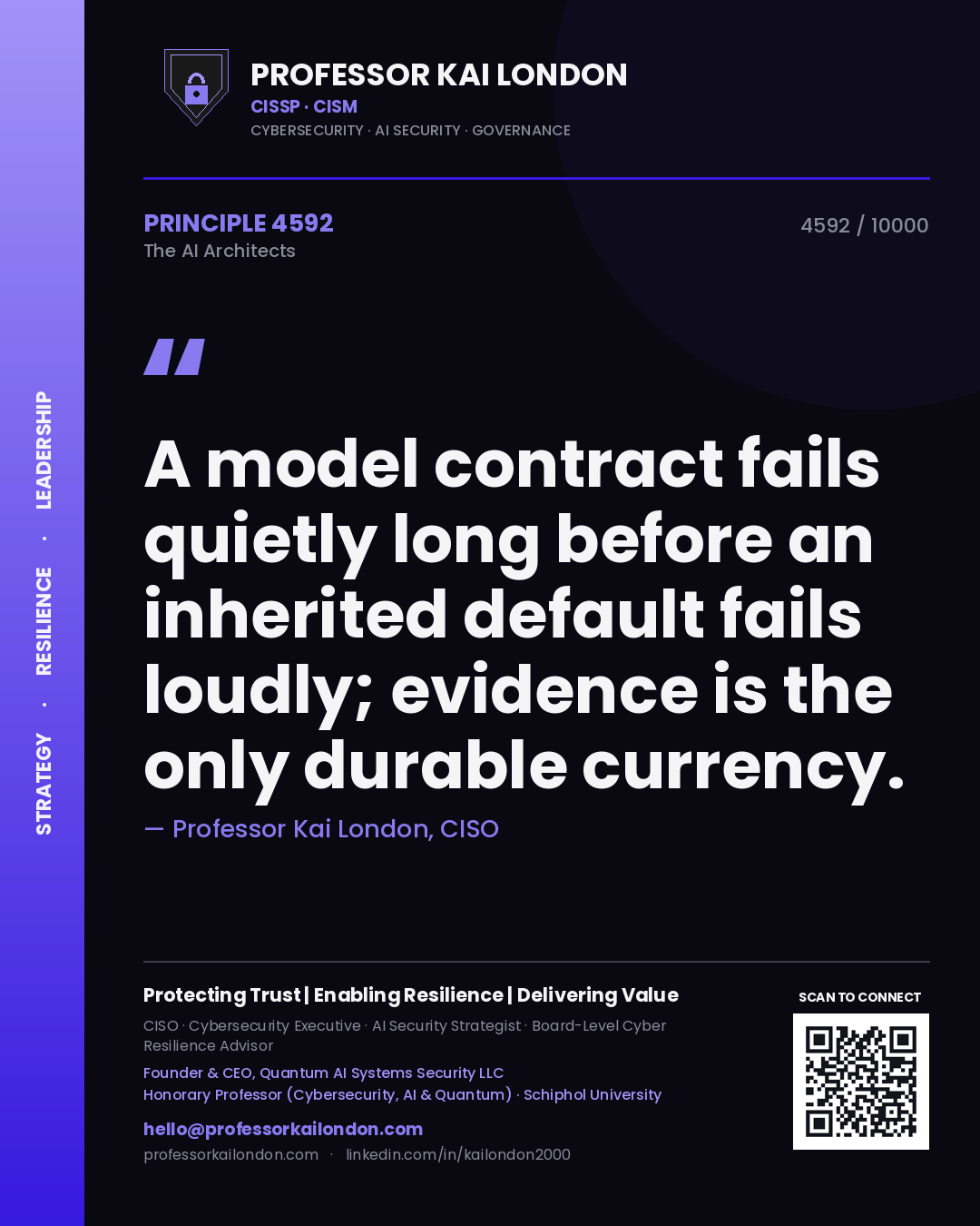 Professor Kai London principle 4592: A model contract fails quietly long before an inherited default fails loudly; evidence is the only durable currency.