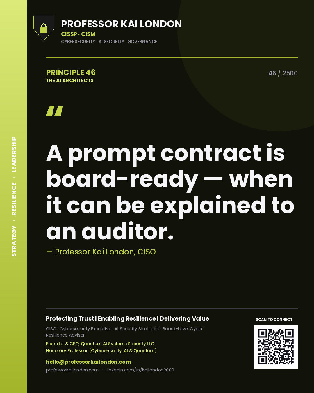 Professor Kai London principle 46: A prompt contract is board-ready — when it can be explained to an auditor.