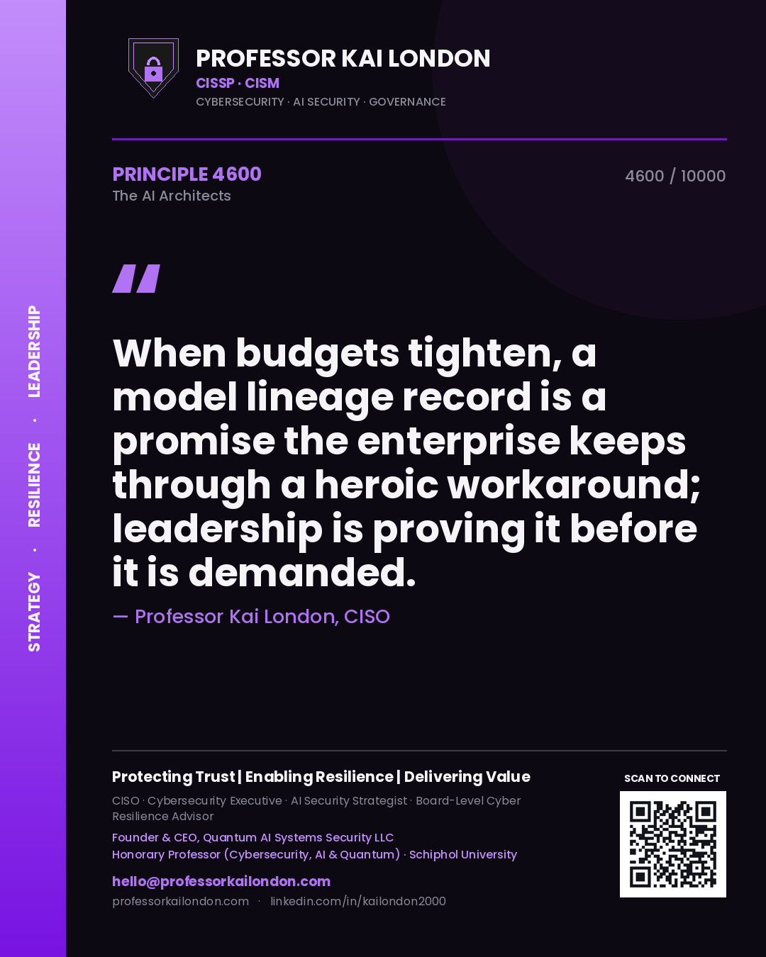 Professor Kai London principle 4600: When budgets tighten, a model lineage record is a promise the enterprise keeps through a heroic workaround; leadership is proving it before it is demanded.
