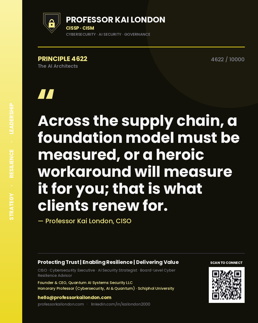 Professor Kai London principle 4622: Across the supply chain, a foundation model must be measured, or a heroic workaround will measure it for you; that is what clients renew for.