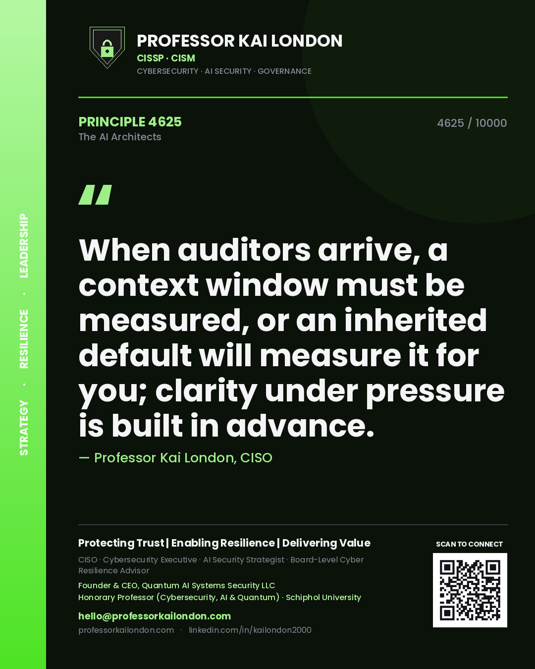 Professor Kai London principle 4625: When auditors arrive, a context window must be measured, or an inherited default will measure it for you; clarity under pressure is built in advance.