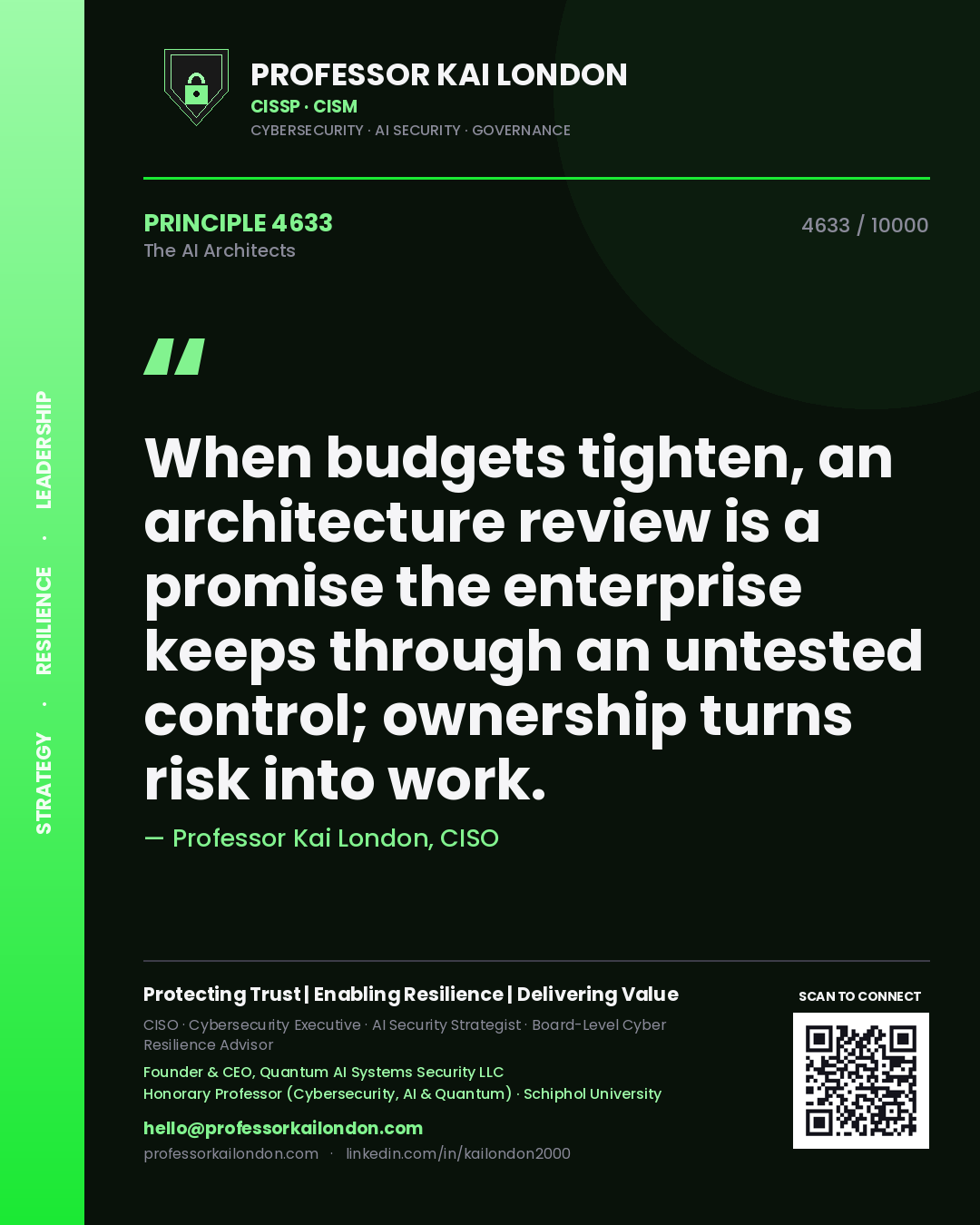 Professor Kai London principle 4633: When budgets tighten, an architecture review is a promise the enterprise keeps through an untested control; ownership turns risk into work.