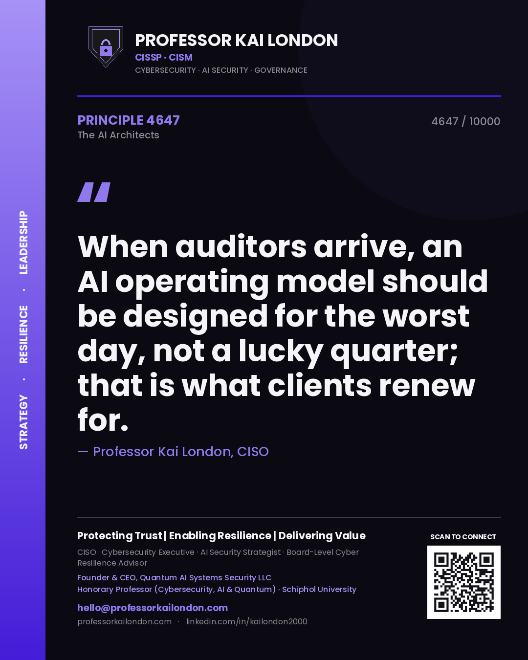 Professor Kai London principle 4647: When auditors arrive, an AI operating model should be designed for the worst day, not a lucky quarter; that is what clients renew for.