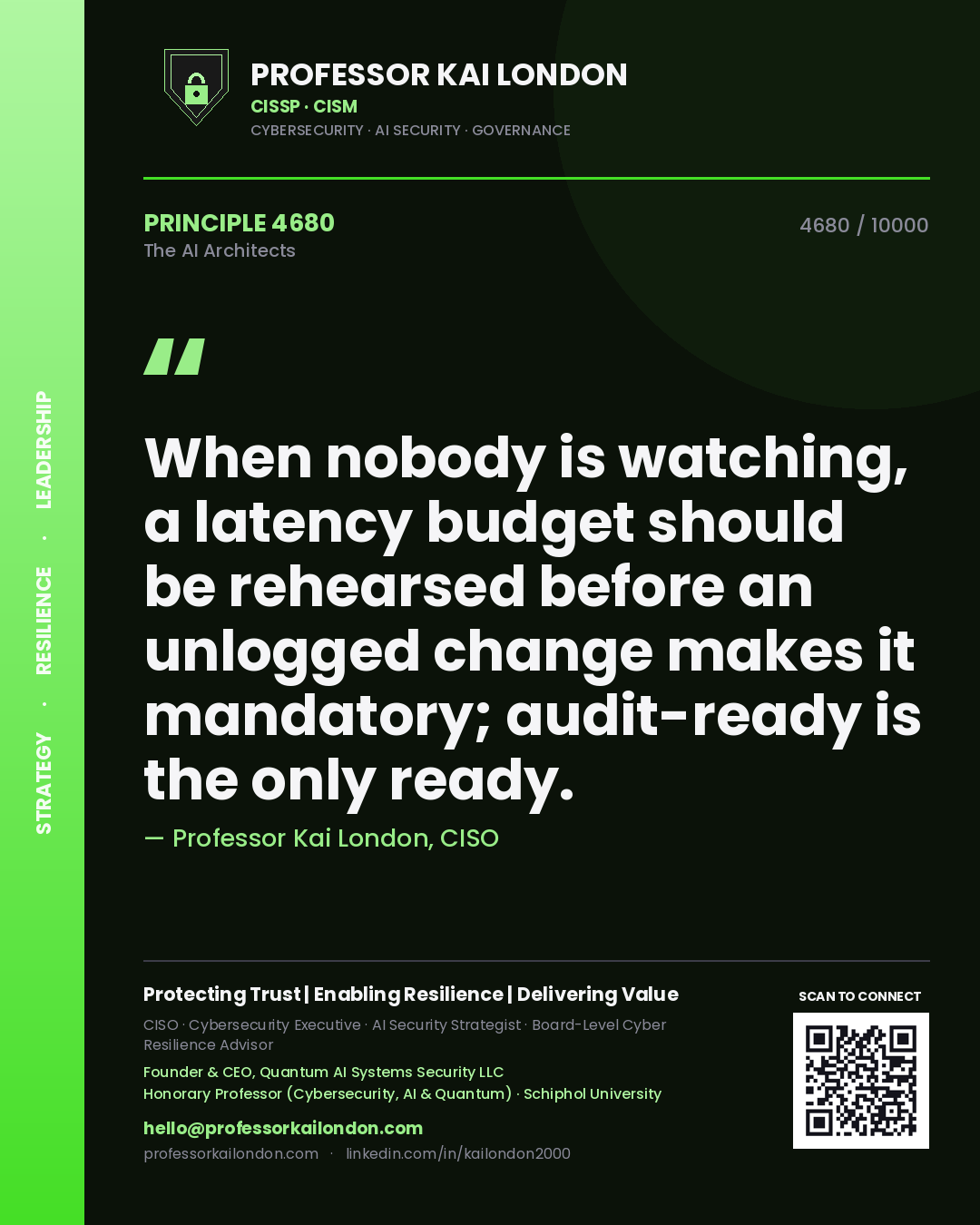 Professor Kai London principle 4680: When nobody is watching, a latency budget should be rehearsed before an unlogged change makes it mandatory; audit-ready is the only ready.