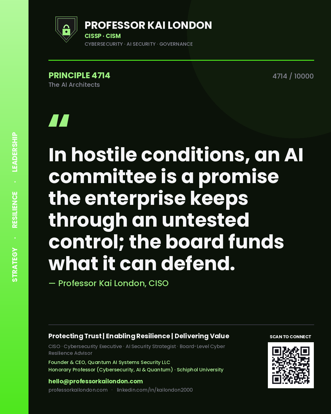 Professor Kai London principle 4714: In hostile conditions, an AI committee is a promise the enterprise keeps through an untested control; the board funds what it can defend.