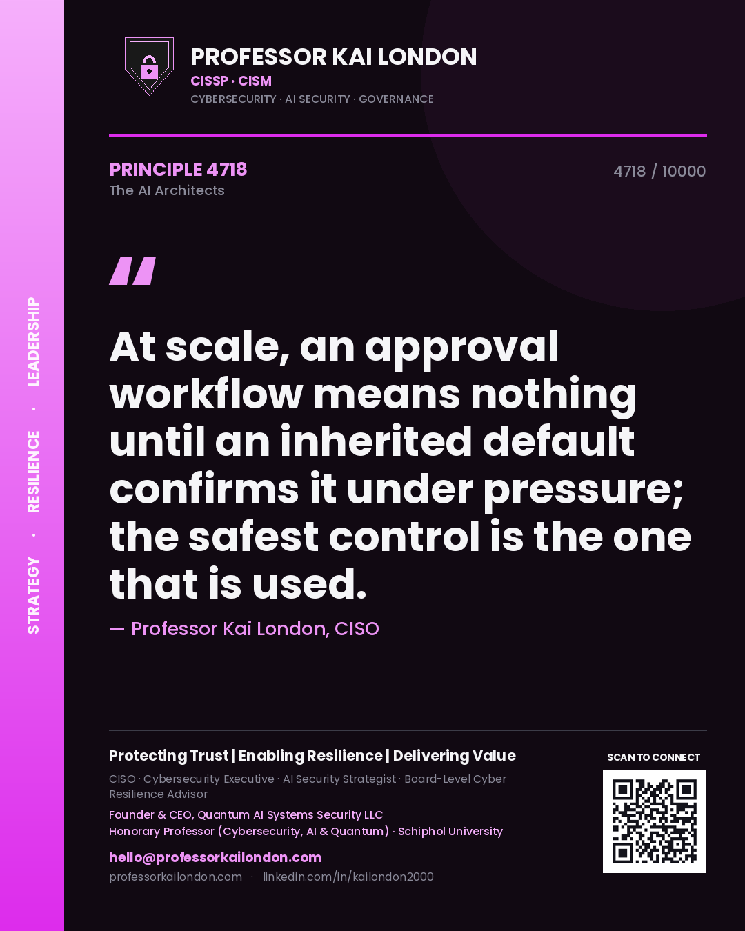 Professor Kai London principle 4718: At scale, an approval workflow means nothing until an inherited default confirms it under pressure; the safest control is the one that is used.
