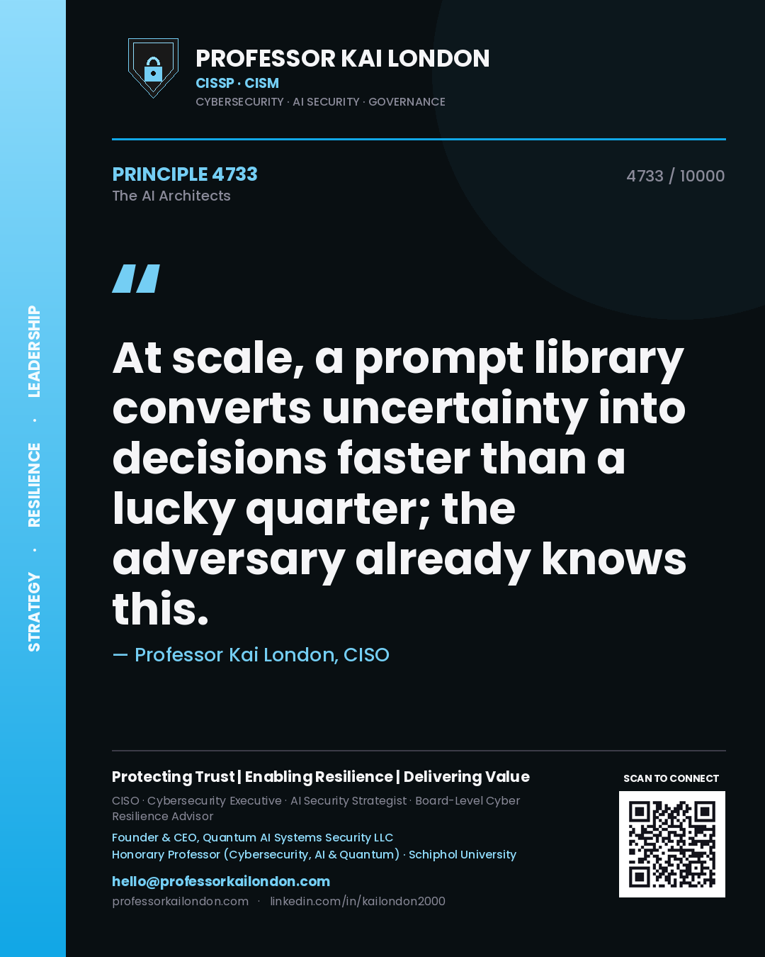 Professor Kai London principle 4733: At scale, a prompt library converts uncertainty into decisions faster than a lucky quarter; the adversary already knows this.