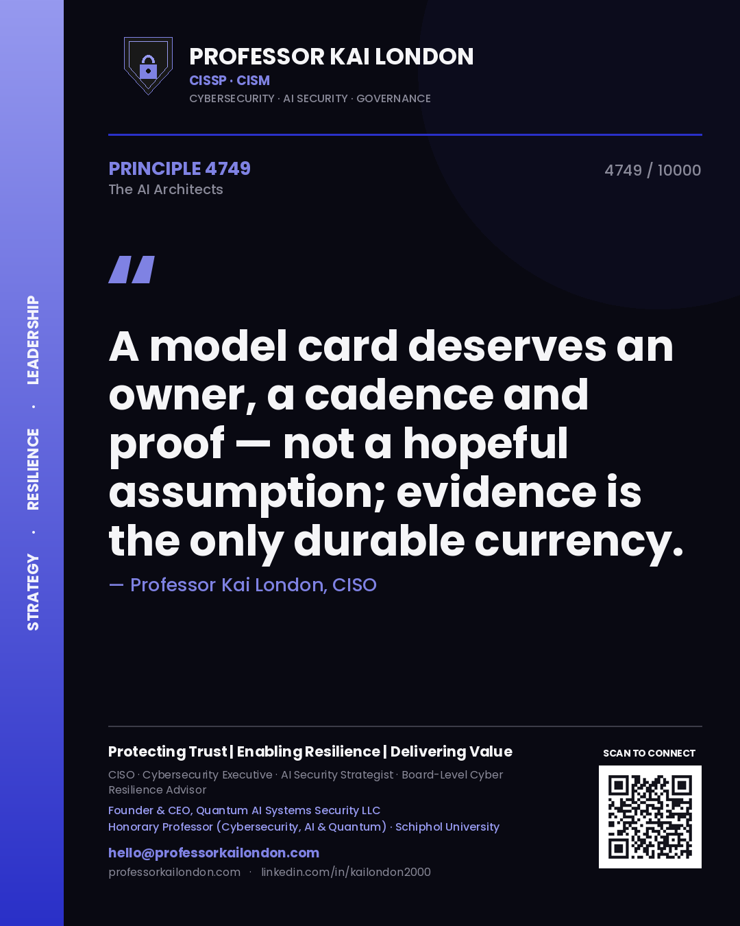 Professor Kai London principle 4749: A model card deserves an owner, a cadence and proof — not a hopeful assumption; evidence is the only durable currency.