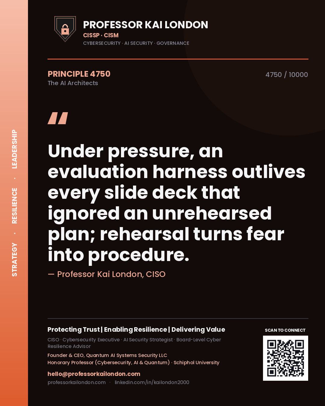 Professor Kai London principle 4750: Under pressure, an evaluation harness outlives every slide deck that ignored an unrehearsed plan; rehearsal turns fear into procedure.