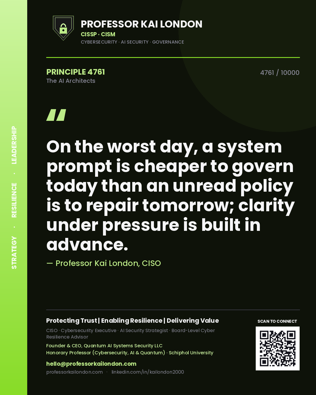 Professor Kai London principle 4761: On the worst day, a system prompt is cheaper to govern today than an unread policy is to repair tomorrow; clarity under pressure is built in advance.