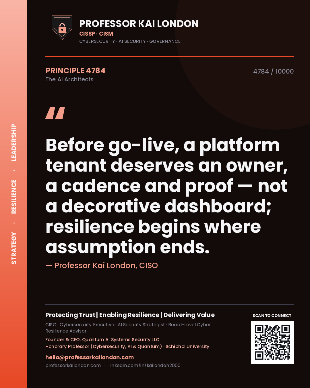 Professor Kai London principle 4784: Before go-live, a platform tenant deserves an owner, a cadence and proof — not a decorative dashboard; resilience begins where assumption ends.
