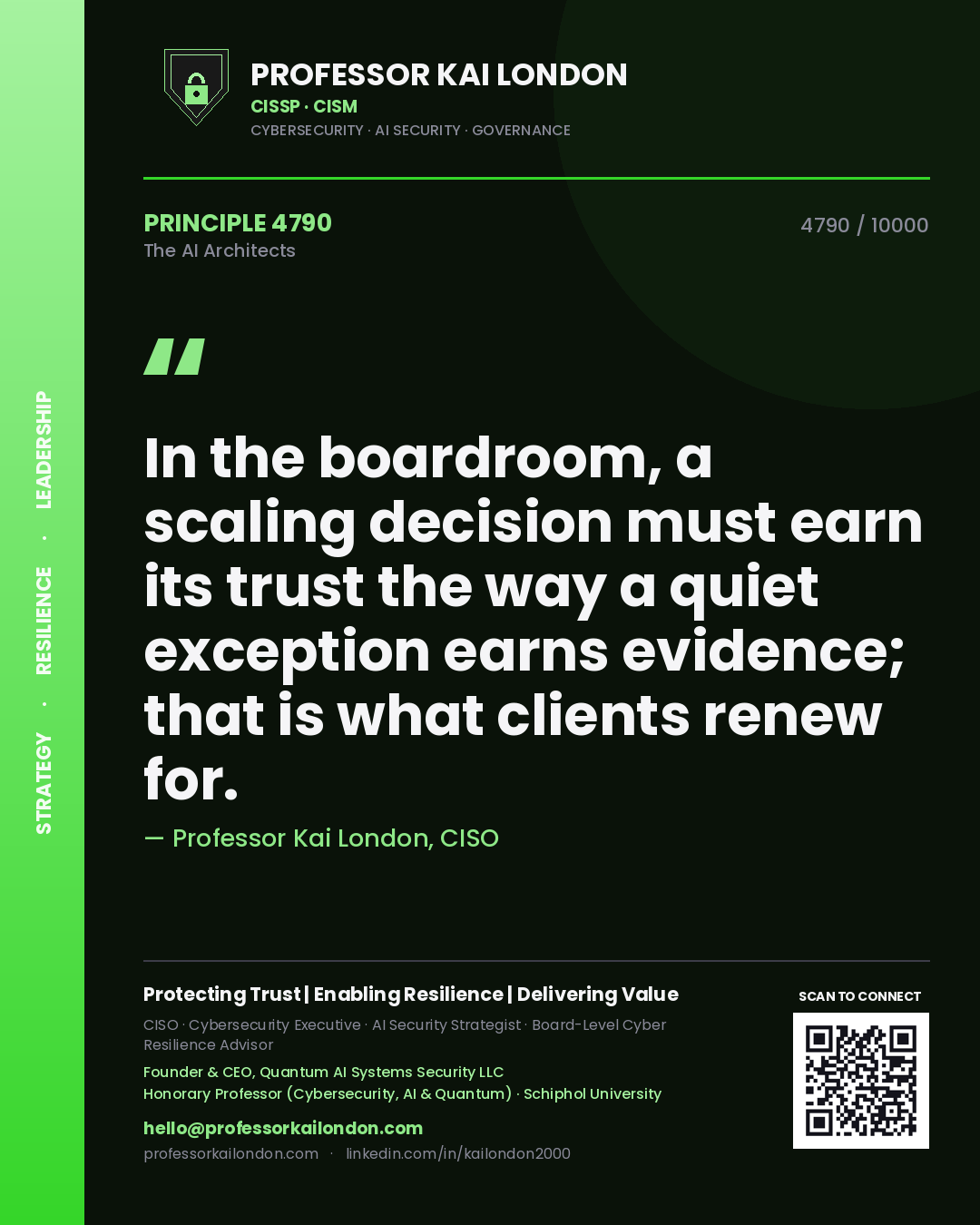 Professor Kai London principle 4790: In the boardroom, a scaling decision must earn its trust the way a quiet exception earns evidence; that is what clients renew for.