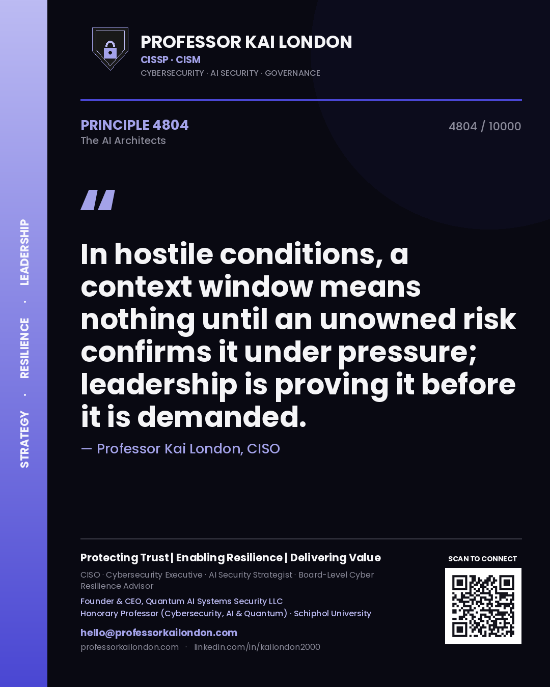 Professor Kai London principle 4804: In hostile conditions, a context window means nothing until an unowned risk confirms it under pressure; leadership is proving it before it is demanded.