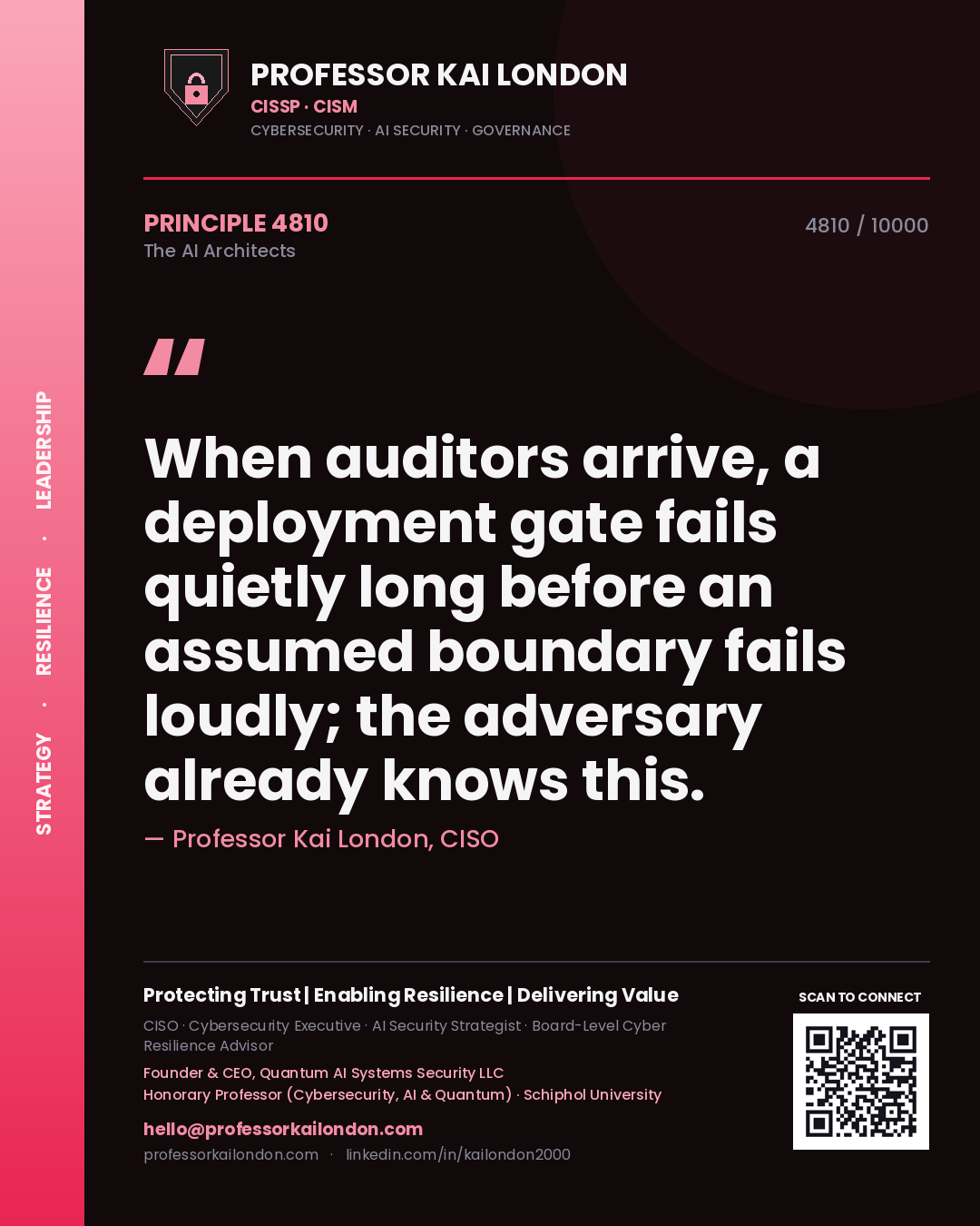 Professor Kai London principle 4810: When auditors arrive, a deployment gate fails quietly long before an assumed boundary fails loudly; the adversary already knows this.