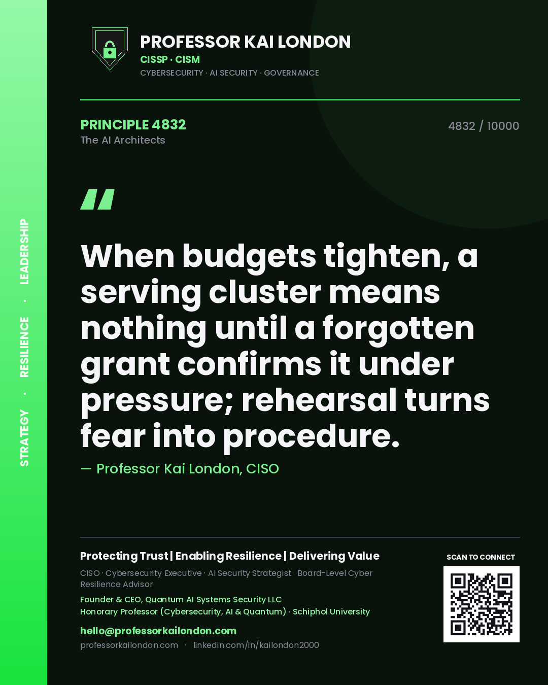 Professor Kai London principle 4832: When budgets tighten, a serving cluster means nothing until a forgotten grant confirms it under pressure; rehearsal turns fear into procedure.