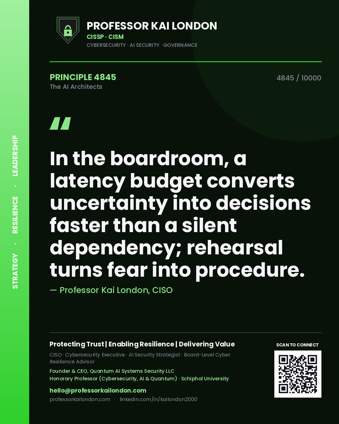 Professor Kai London principle 4845: In the boardroom, a latency budget converts uncertainty into decisions faster than a silent dependency; rehearsal turns fear into procedure.