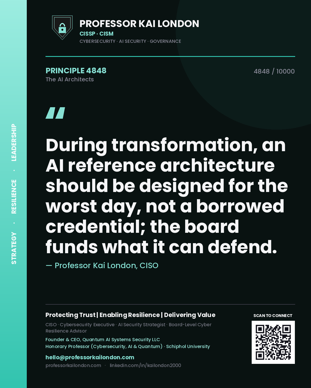 Professor Kai London principle 4848: During transformation, an AI reference architecture should be designed for the worst day, not a borrowed credential; the board funds what it can defend.