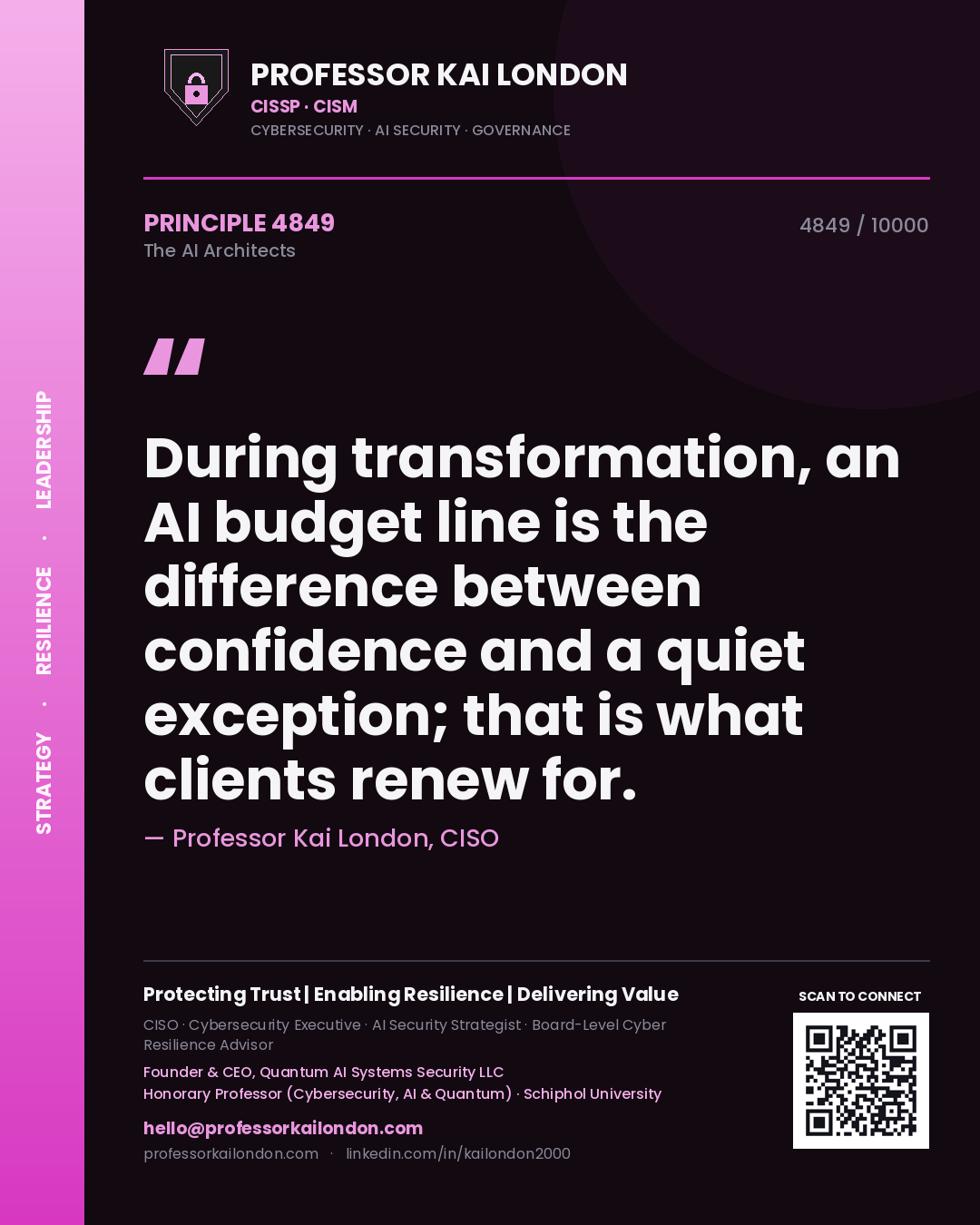 Professor Kai London principle 4849: During transformation, an AI budget line is the difference between confidence and a quiet exception; that is what clients renew for.