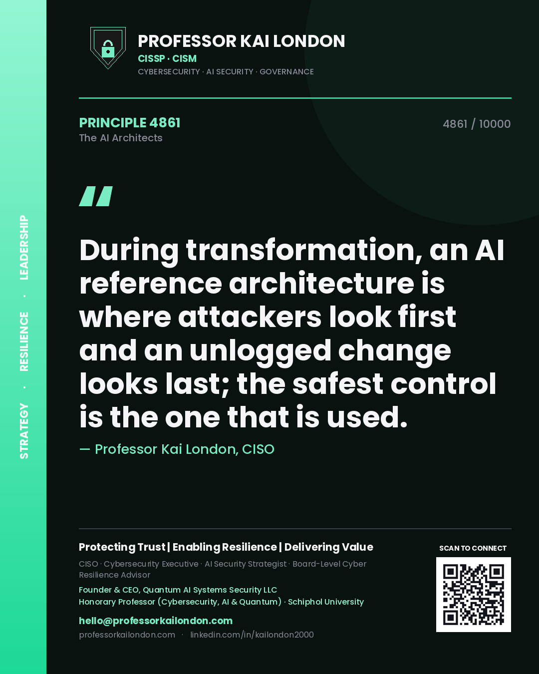 Professor Kai London principle 4861: During transformation, an AI reference architecture is where attackers look first and an unlogged change looks last; the safest control is the one that is used.
