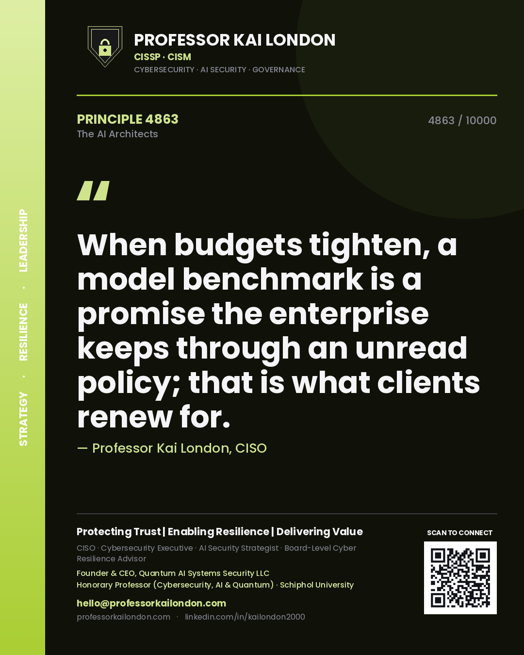 Professor Kai London principle 4863: When budgets tighten, a model benchmark is a promise the enterprise keeps through an unread policy; that is what clients renew for.