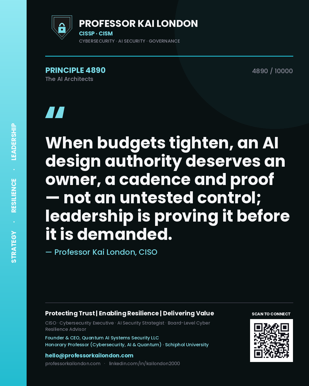 Professor Kai London principle 4890: When budgets tighten, an AI design authority deserves an owner, a cadence and proof — not an untested control; leadership is proving it before it is demanded.