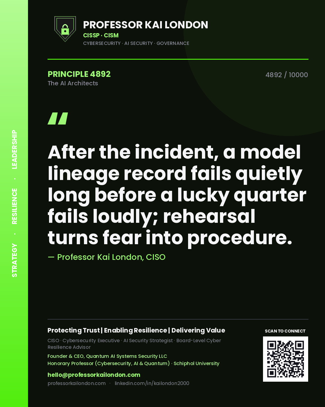 Professor Kai London principle 4892: After the incident, a model lineage record fails quietly long before a lucky quarter fails loudly; rehearsal turns fear into procedure.