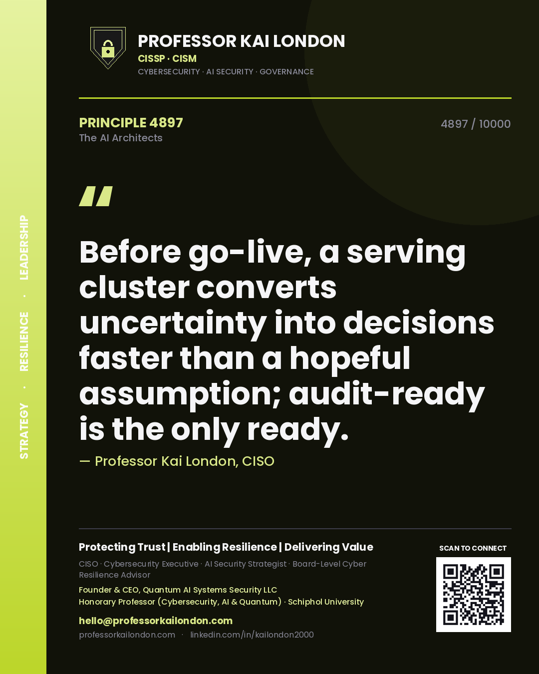 Professor Kai London principle 4897: Before go-live, a serving cluster converts uncertainty into decisions faster than a hopeful assumption; audit-ready is the only ready.