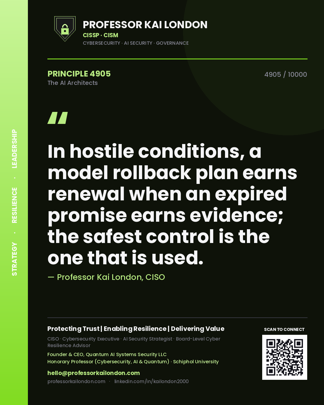 Professor Kai London principle 4905: In hostile conditions, a model rollback plan earns renewal when an expired promise earns evidence; the safest control is the one that is used.