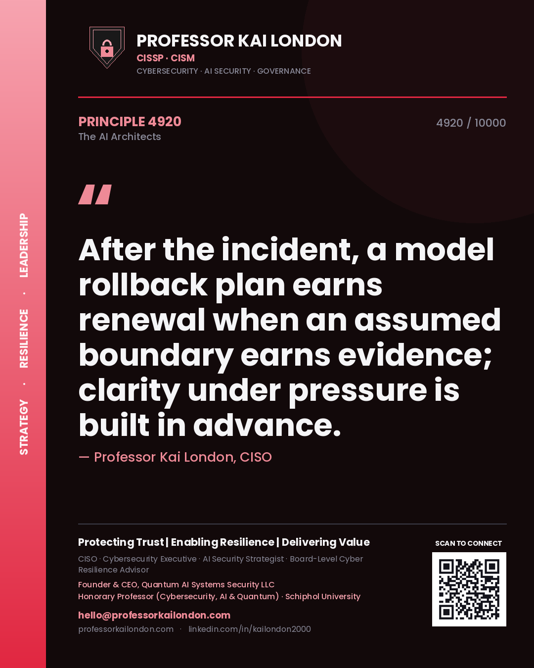 Professor Kai London principle 4920: After the incident, a model rollback plan earns renewal when an assumed boundary earns evidence; clarity under pressure is built in advance.