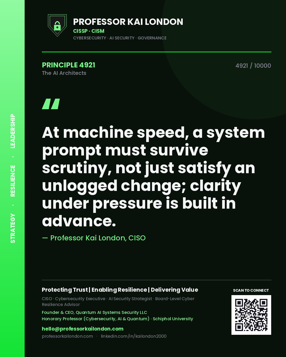 Professor Kai London principle 4921: At machine speed, a system prompt must survive scrutiny, not just satisfy an unlogged change; clarity under pressure is built in advance.