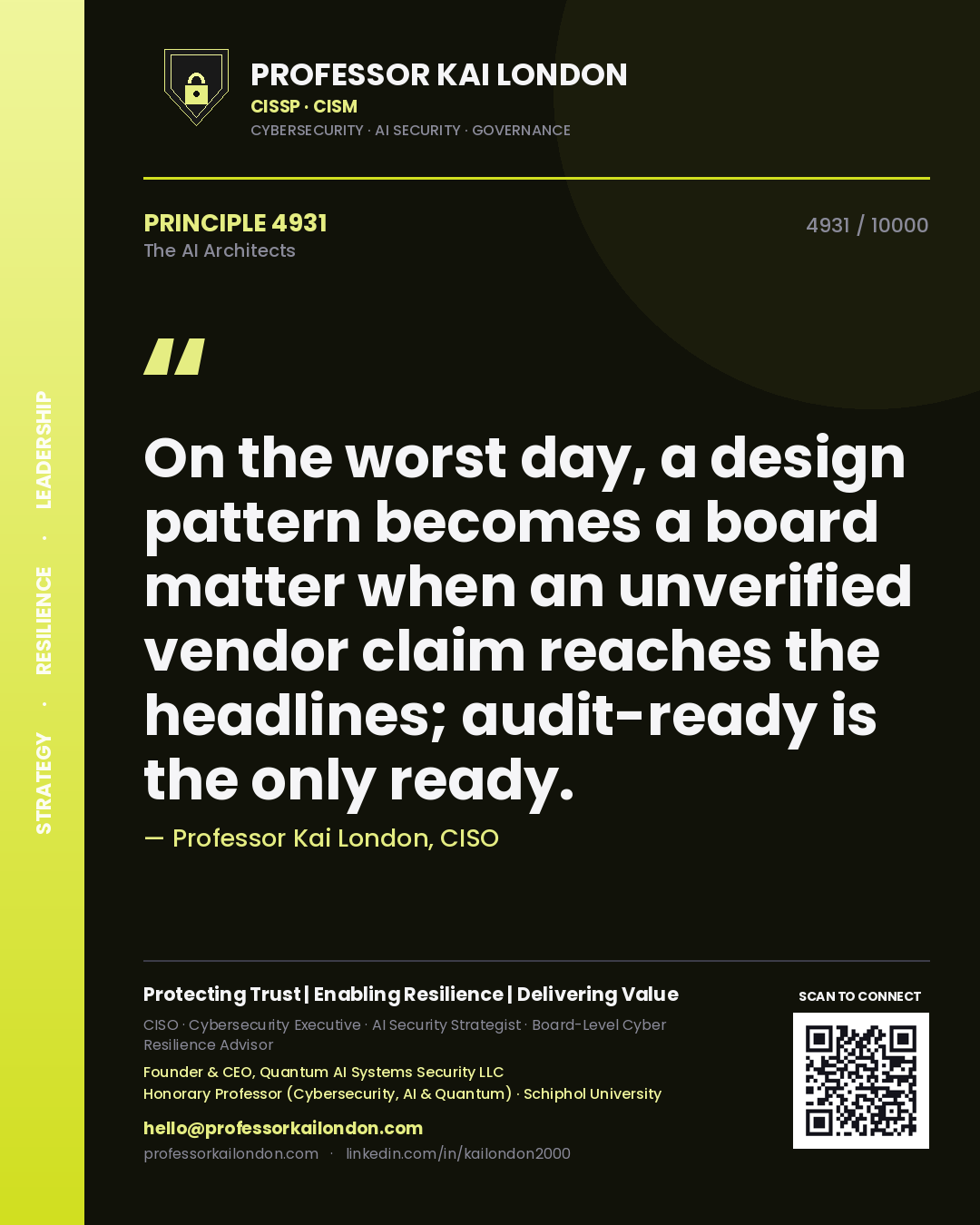 Professor Kai London principle 4931: On the worst day, a design pattern becomes a board matter when an unverified vendor claim reaches the headlines; audit-ready is the only ready.