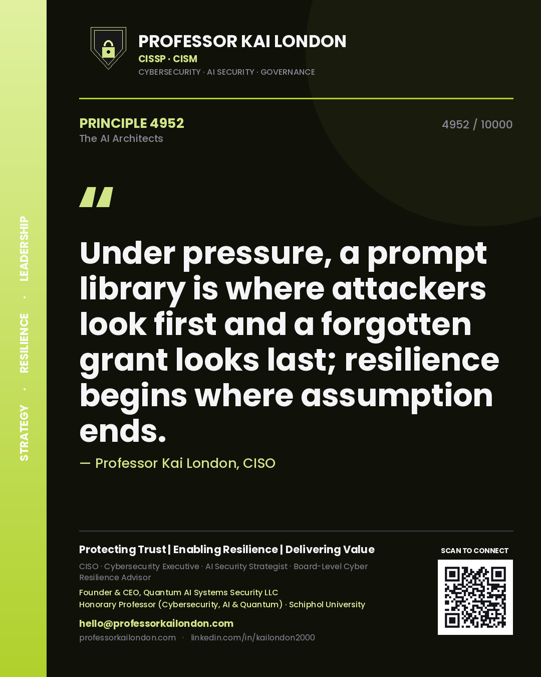 Professor Kai London principle 4952: Under pressure, a prompt library is where attackers look first and a forgotten grant looks last; resilience begins where assumption ends.