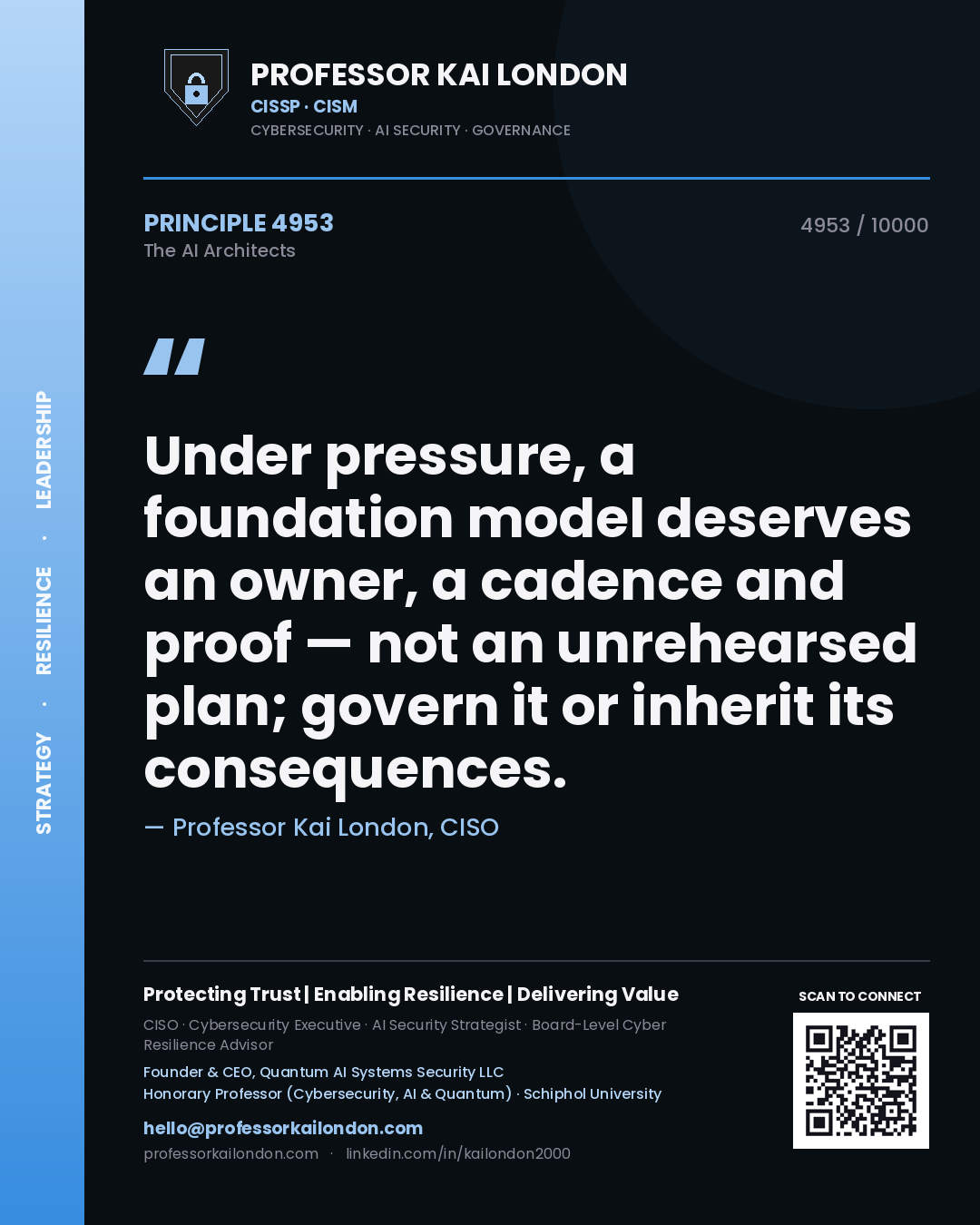 Professor Kai London principle 4953: Under pressure, a foundation model deserves an owner, a cadence and proof — not an unrehearsed plan; govern it or inherit its consequences.