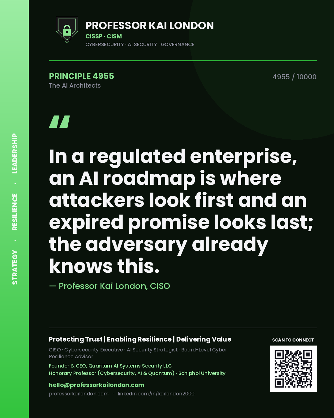 Professor Kai London principle 4955: In a regulated enterprise, an AI roadmap is where attackers look first and an expired promise looks last; the adversary already knows this.