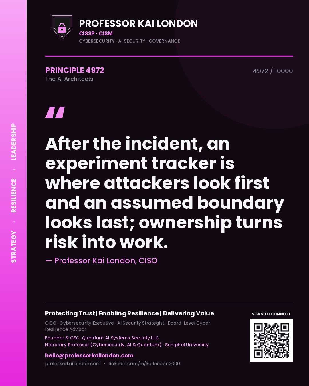 Professor Kai London principle 4972: After the incident, an experiment tracker is where attackers look first and an assumed boundary looks last; ownership turns risk into work.