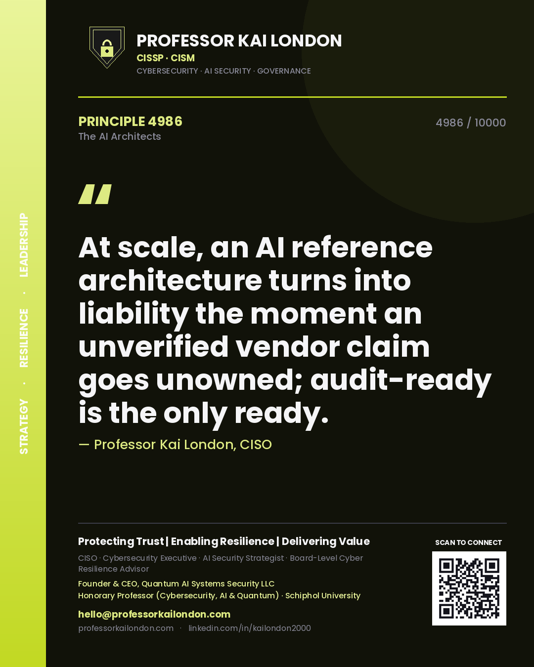 Professor Kai London principle 4986: At scale, an AI reference architecture turns into liability the moment an unverified vendor claim goes unowned; audit-ready is the only ready.