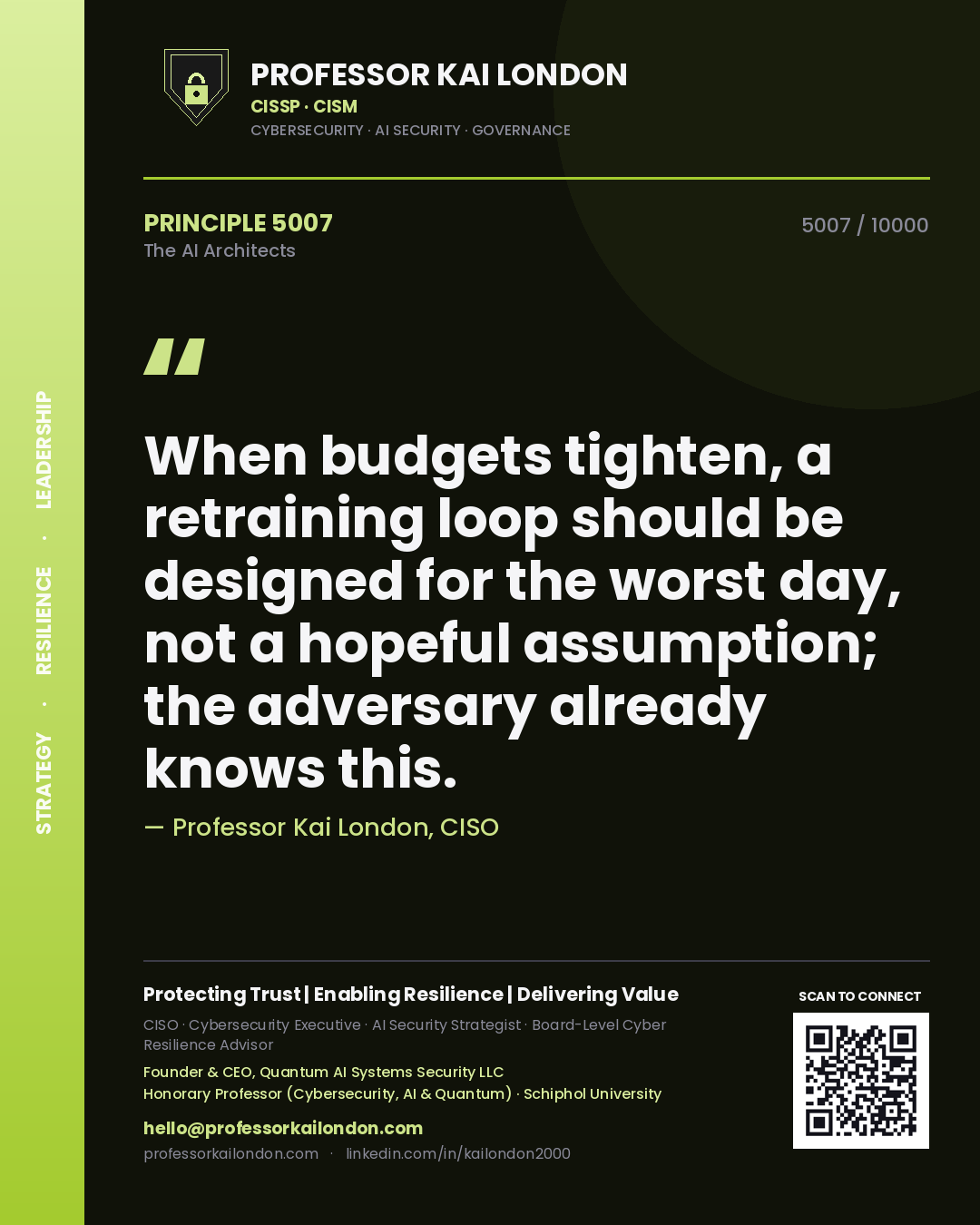Professor Kai London principle 5007: When budgets tighten, a retraining loop should be designed for the worst day, not a hopeful assumption; the adversary already knows this.