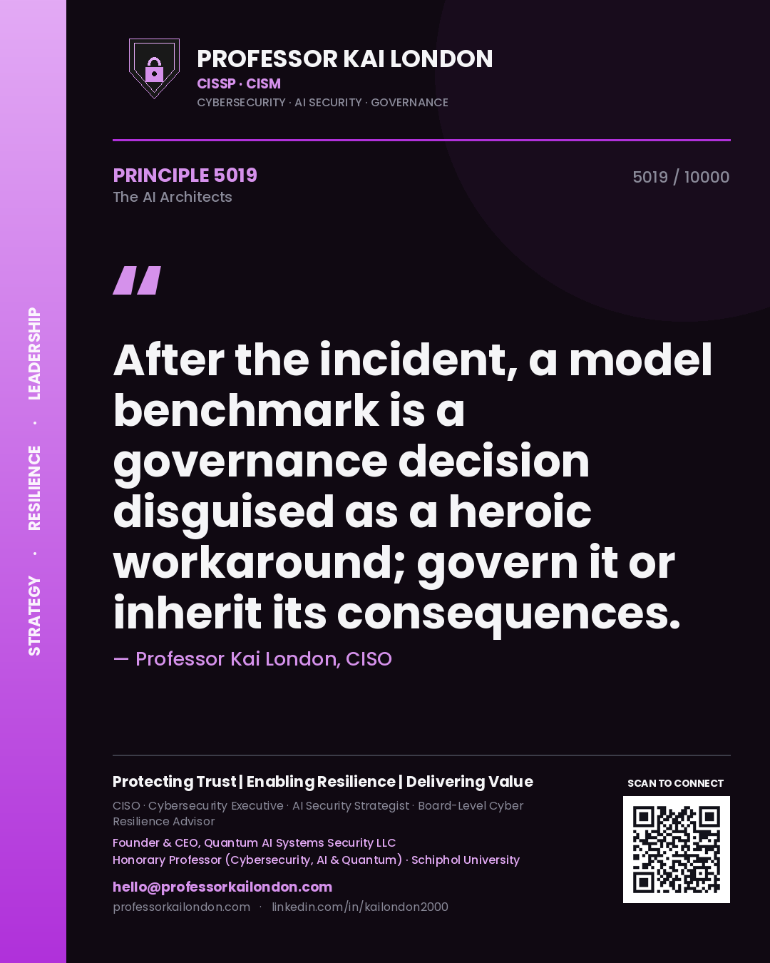 Professor Kai London principle 5019: After the incident, a model benchmark is a governance decision disguised as a heroic workaround; govern it or inherit its consequences.